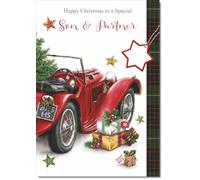 doodlecards Son and Partner Christmas Card Red Vintage Car Medium Size Christmas Card for Son & Partner with Plain Envelope