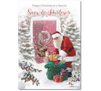 doodlecards Son and Partner Christmas Card Santa with Parcels Medium Size Christmas Card for Son & Partner with Plain Envelope