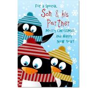 doodlecards Son and Partner Christmas Card Three Penquins Medium Size Christmas Card for Son & Partner with Plain Envelope