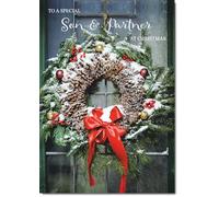 doodlecards Son and Partner Christmas Card Wreath Medium Size Christmas Card for Son & Partner with Plain Envelope