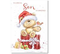 doodlecards Son Christmas Card Cute Bear on Parcel Medium Size Christmas Card for Son with Plain Envelope