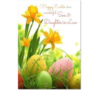 doodlecards Son & Daughter-in-Law Easter Card Daffodils & Eggs Medium Size with Plain Envelope