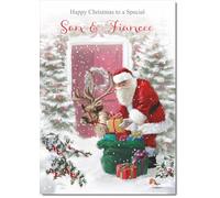 doodlecards Son & Fiancee Christmas Card Santa with Parcels Medium Size with Plain Red Envelope, 21 x 15cm