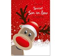 doodlecards Son in Law Christmas Card Rudolph in Snow Medium Size Christmas Card for Son in Law with Plain Envelope