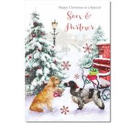 doodlecards Son & Partner Christmas Card Two Dogs in Snow Medium Size with Plain Red Envelope, 21 x 15cm