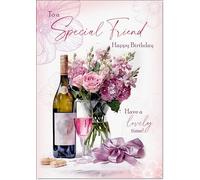 doodlecards Special Friend Birthday Card Roses and Red Wine Large A4 Size with Plain Envelope