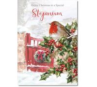 doodlecards Step Mum Christmas Card Robin on Holly Tree Medium Size with Plain Envelope