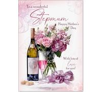 doodlecards Step Mum Mothers Day Card Roses and Red Wine Medium Size with Plain Envelope