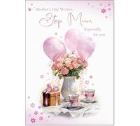 doodlecards Step Mum Mothers Day Card Tea Party and Balloons Medium Size with Plain Envelope