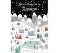 doodlecards Stepmum Christmas Card Mountain Scene In Snowy Village Medium Size Christmas Card for Stepmum with Plain Envelope