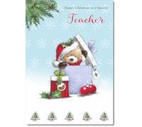 doodlecards Teacher Christmas Card Cute Bear Parcel Medium Size Christmas Card for Teacher with Plain Envelope