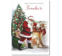 doodlecards Teacher Christmas Card Santa by Christmas Tree Medium Size Christmas Card for Teacher with Plain Envelope