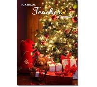 doodlecards Teacher Christmas Card Teddy by Christmas Tree Medium Size Christmas Card for Teacher with Plain Envelope