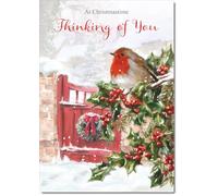 doodlecards Thinking Of You Christmas Card Robin on Holly Tree Medium Size with Plain Red Envelope, 21 x 15cm