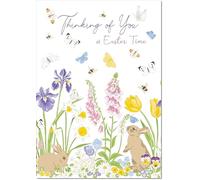 doodlecards Thinking Of You Easter Card Spring Flowers with Bunnies Medium Size with Plain Envelope