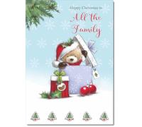 doodlecards To All The Family Christmas Card Cute Bear Parcel Medium Size with Plain Red Envelope, 21 x 15cm