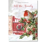 doodlecards To All The Family Christmas Card Robin on Holly Tree Large A4 Size Christmas Card for To All The Family with Plain Envelope