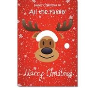doodlecards To All The Family Christmas Card Rudolph on Red Background Medium Size Christmas Card for To All The Family with Plain Envelope