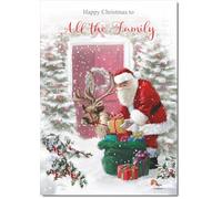 doodlecards To All The Family Christmas Card Santa with Parcels Medium Size Christmas Card for To All The Family with Plain Envelope