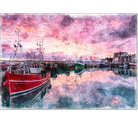 doodlecards Watercolour Art Sunset Sky over Fishing Boat in Harbour Open Birthday Card Medium Size with Plain Envelope