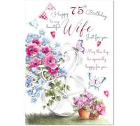 doodlecards Wife 75th Birthday Card Age 75 Garden Wheelbarrow Bouquet