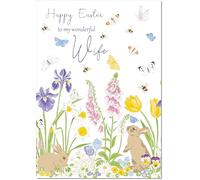 doodlecards Wife Easter Card Spring Flowers with Bunnies Medium Size with Plain Envelope