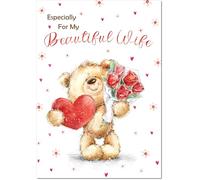 doodlecards Wife Valentine's Day Card Teddy with Love Heart and Flowers Large A4 Size with Plain Envelope