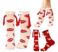 Doodlewitz 2 Pieces Couple Socks, Funny Holding Hands Socks, Valentine's Day Sock, Lip Print Magnetic Hand Holding Sock, Perfect for Parties, Valentine's Day, Birthdays (White, Red)