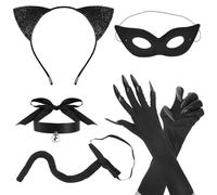 Doodlewitz 6pcs Black Cat Costume Set, Sequins Black Cat Ears Cat Tail Masquerade Eye Cover Tail Cat Claw Gloves Choker, Catwoman Costume Accessories for Women Carnival Cosplay