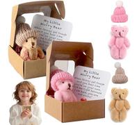 Doodlewitz Little Worry Bear in box, Mini Worry Bear With Motivational Card, Mini Plush Toy Bear Set, Stress Relieving Pocket Hug for Travel and Office Desk, Light Brown and Pink (2 PCS)