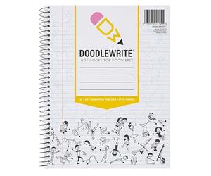 DoodleWrite Wide Ruled Spiral Notebooks, Student School Notebook with Doodle Prompts for Focus & Creativity, Perforated 3-Hole Punched Pages, 8" x 10.5" 50 Sheets