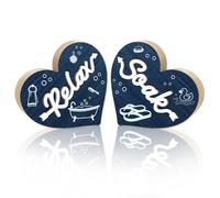 Doodlream 1 Pair Navy Blue Wooden Hearts Table Decor, Bathroom Relax Soak Wooden Sign for Desk 16x15x1.2cm, Centerpiece Tabletop Decorations for Home, Wood Desk Sign for Holiday Gift