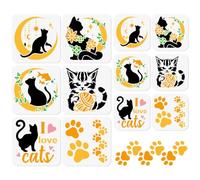 DOODLREAM 12Pcs Cat Silhouette Moon Stencils for Painting, Reusable Kitten Animal Stencil Drawing Templates, Paw Print DIY Craft Paint Templates for Wall Home Decor Wood Burning Canvas Journal Card
