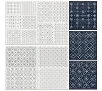 DOODLREAM 14Pcs Geometric Texture Water Soluble Hand Sewing Stabilizers, 21 x 29.7cm Modern Geometric Sashiko Embroidery Pattern Stabilizer, 4 Sheets Mending Stick and Stitch Embroidery Paper Sticker