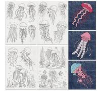 DOODLREAM 16Pcs Jellyfish Embroidery Pattern Stabilizers, 8.3”x11.7” Jellyfish Seagrass Water Soluble Stick and Stitch Embroidery Stickers, 4 Sheets Hand Sewing DIY Embroidery Transfer Paper