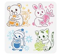 Doodlream 1pc Cartoon Animal Wall Stencil for Painting, 30 x 30cm Teddy Bear Easter Bunny Rabbit Cat Reusable Stencils, Christmas Snowman Paint Templates DIY Craft Art Stencil on Wood Fabric Canvas