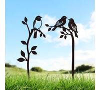 Doodlream 2 Pcs Bird on Branch Metal Garden Stakes, Black Silhouette Bird Decor for Outside, Double-Side Metal Art Ornament for Yard, Lawn, Patio, Pathway, Outdoor Garden Decor