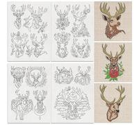 DOODLREAM 20Pcs Deer Head Water Soluble Hand Sewing Stabilizers, 21 x 29.7cm Animal Embroidery Pattern Stabilizer, 4 Sheets Deer Floral Vine Stick and Stitch Embroidery Paper Sticker