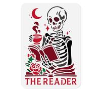 DOODLREAM 29.7 x 21cm Skeleton Reading Wall Stencil Template Reusable Plastic Skeleton Drinking Coffee Stencil for Painting on Wood Floor Tile Fabric Glass Furniture Halloween DIY Home Decor Template