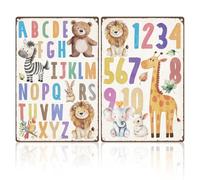 DOODLREAM 2PCS ABC Letters Numbers Cute Wall Decor Metal Tin Sign 20x30cm Boho Alphabet Cartoon Animal Wall Art Poster for Home Nursery Classroom Kindergarten Office Clubs Decor Gift