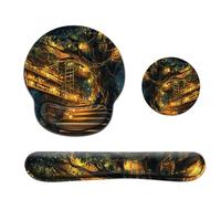 DOODLREAM 3-in-1 Mouse Pad with Wrist Rest Set, Magic Library Treehouse Theme, Mouse Pad with Keyboard Wrist Support and Coaster, Ergonomic Design for Home Office Laptop Computer Desk Accessories