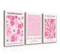 DOODLREAM 3 Pack Wooden Framed Matisse Picasso Pink Canvas Wall Art Print Decors 40 x 30 cm Abstract Minimalist Waterproof Canvas Wall Posters for Home Office Living Room Bedroom Apartment Decor