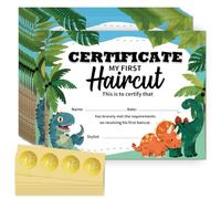 Doodlream 30 Pcs My First Haircut Certificate Paper for Baby with 32 Pcs Gold Foil Stickers, 20 x 25 cm Blank Certificates Paper with Cute Animal Dinosaur for Hair Salon