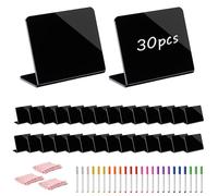 Doodlream 30PCS Mini Acrylic Chalkboard Signs 10 x 8 cm, Small L-Shaped Tabletop Food Labels with 24 Watercolor Pens, Reusable Black Chalkboard Tags for Buffet Vendor Bakery Wedding Party Decor