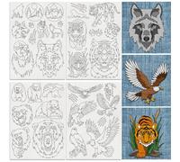 DOODLREAM 34Pcs Animal Bear Tiger Water Soluble Hand Sewing Stabilizers, 21 x 29.7cm Wolf Eagle Embroidery Pattern Stabilizer, 4 Sheets Paw Print Stick and Stitch Embroidery Paper Sticker