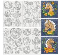 DOODLREAM 34Pcs Horse Water Soluble Hand Sewing Stabilizers, 21 x 29.7cm Cute Horse Vine Embroidery Pattern Stabilizer, 4 Sheets Flower Animal Stick and Stitch Embroidery Paper Sticker