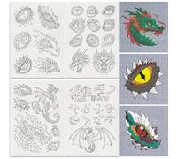 DOODLREAM 35 Pcs Flying Dragon Embroidery Pattern Stabilizer, 21 x 29.7 cm Dragon Eye Water Soluble Stick and Stitch Embroidery Sticker, 4 Sheets Hand Sewing DIY Embroidery Paper