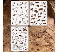 DOODLREAM 3Pcs Cave Paintings Stencils, 21x29.7cm Reusable Primitive People Templates, Ancient Animals Mural Stencils on Furniture Wall Floor Fabric DIY Decoration