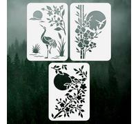 DOODLREAM 3Pcs Night Scene Stencils for Painting, 11.7"x8.3" Reusable Traditional East Asian Nature Stencil Drawing Templates, Flower Crane DIY Craft Paint Templates for Wall Home Decor Wood Burning