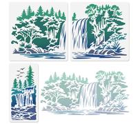 DOODLREAM 3Pcs Splicing Waterfall Scenery Stencils for Painting, Reusable Large Forest Mountain Landscape Stencil Drawing Templates, DIY Craft Paint Templates for Wall Home Decor Wood Burning Canvas